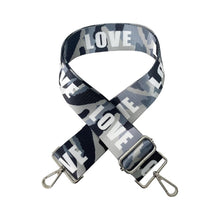 Load image into Gallery viewer, BAG STRAP: CAMO GREY LOVE GOLD OR SILVER HARDWARE)