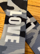 Load image into Gallery viewer, BAG STRAP: CAMO GREY LOVE GOLD OR SILVER HARDWARE)