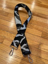 Load image into Gallery viewer, BAG STRAP: CAMO SILVER BLACK SHEEN (GOLD OR SILVER HARDWARE 2 INCH WIDE))