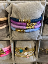 Load image into Gallery viewer, SALE BRACELETS: BEADED POLYMER STACK W GOLD BEADS (BLUE/PURPLE)