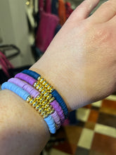 Load image into Gallery viewer, SALE BRACELETS: BEADED POLYMER STACK W GOLD BEADS (BLUE/PURPLE)