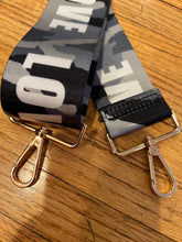 Load image into Gallery viewer, BAG STRAP: CAMO GREY LOVE GOLD OR SILVER HARDWARE)