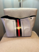 Load image into Gallery viewer, NEOPRENE TOTE: "BEE CAMO” WHITE RED BLACK