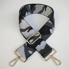 Load image into Gallery viewer, BAG STRAP: CAMO SILVER BLACK SHEEN (GOLD OR SILVER HARDWARE 2 INCH WIDE))