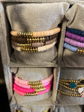 Load image into Gallery viewer, SALE BRACELET: BEAD POLYMER STACK W GOLD BEADS (BROWNS)