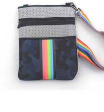 Load image into Gallery viewer, SALE NEOPRENE MESSENGER CAMO NAVY GREY RAINBOW STRIPE