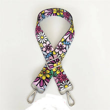 Load image into Gallery viewer, BAG STRAP: FLORAL DAISY PINK PURPLE YELLOW (GOLD/ SILVER ARDWARE)