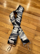 Load image into Gallery viewer, BAG STRAP: CAMO GREY LOVE GOLD OR SILVER HARDWARE)