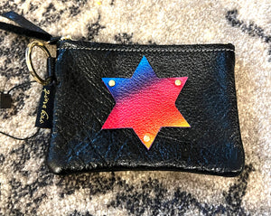 GENUINE LEATHER KEY CHAIN POUCH: JEWISH STAR (BLACK RAINBOW)