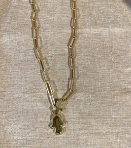 NECKLACE: PAPERCLIP CHAIN W SMALL PAVE HAMSA CHARM (GOLD)