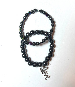 L&J COLLECTION BRACELET SET: HEMATITE BEADS W LOVE AND HEARTS