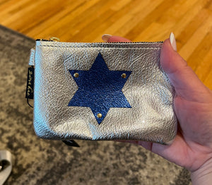 GENUINE LEATHER KEY CHAIN POUCH: JEWISH STAR (SILVER BLUE)