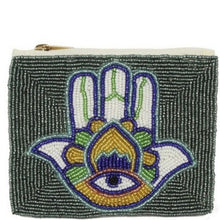 Load image into Gallery viewer, BEADED POUCH:  HAMSA GREEN &amp; YELLOW
