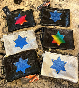 GENUINE LEATHER KEY CHAIN POUCH: JEWISH STAR (SILVER BLUE)