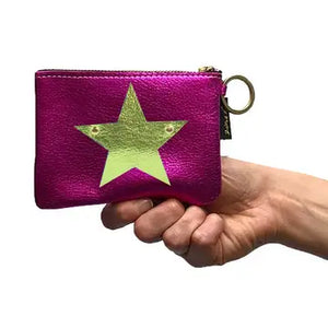 GENUINE LEATHER KEY CHAIN POUCH: STAR (ROSE W FUSCHIA)