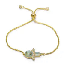 Load image into Gallery viewer, BRACELET: SLIDER HAMSA TIGER EYE (GOLD/SILVER)
