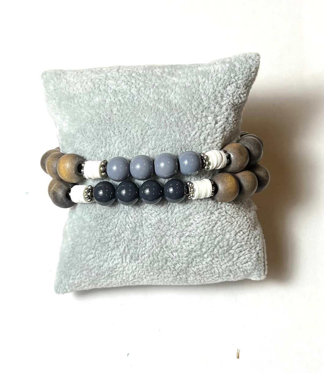 L & J COLLECTION BRACELET: STACKER WOOD AND GLASS BEAD MIX