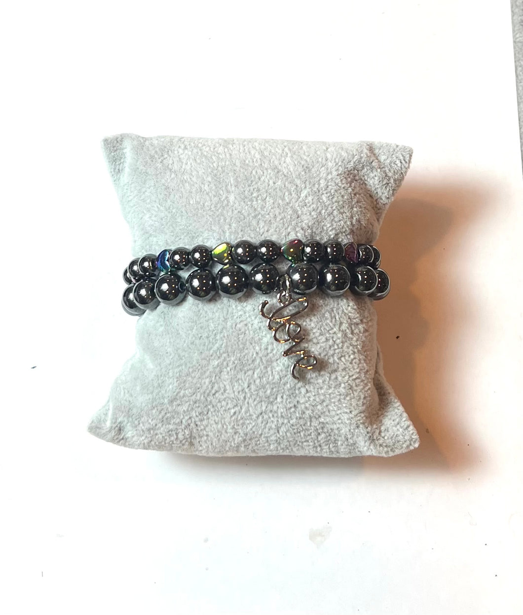 L&J COLLECTION BRACELET SET: HEMATITE BEADS W LOVE AND HEARTS