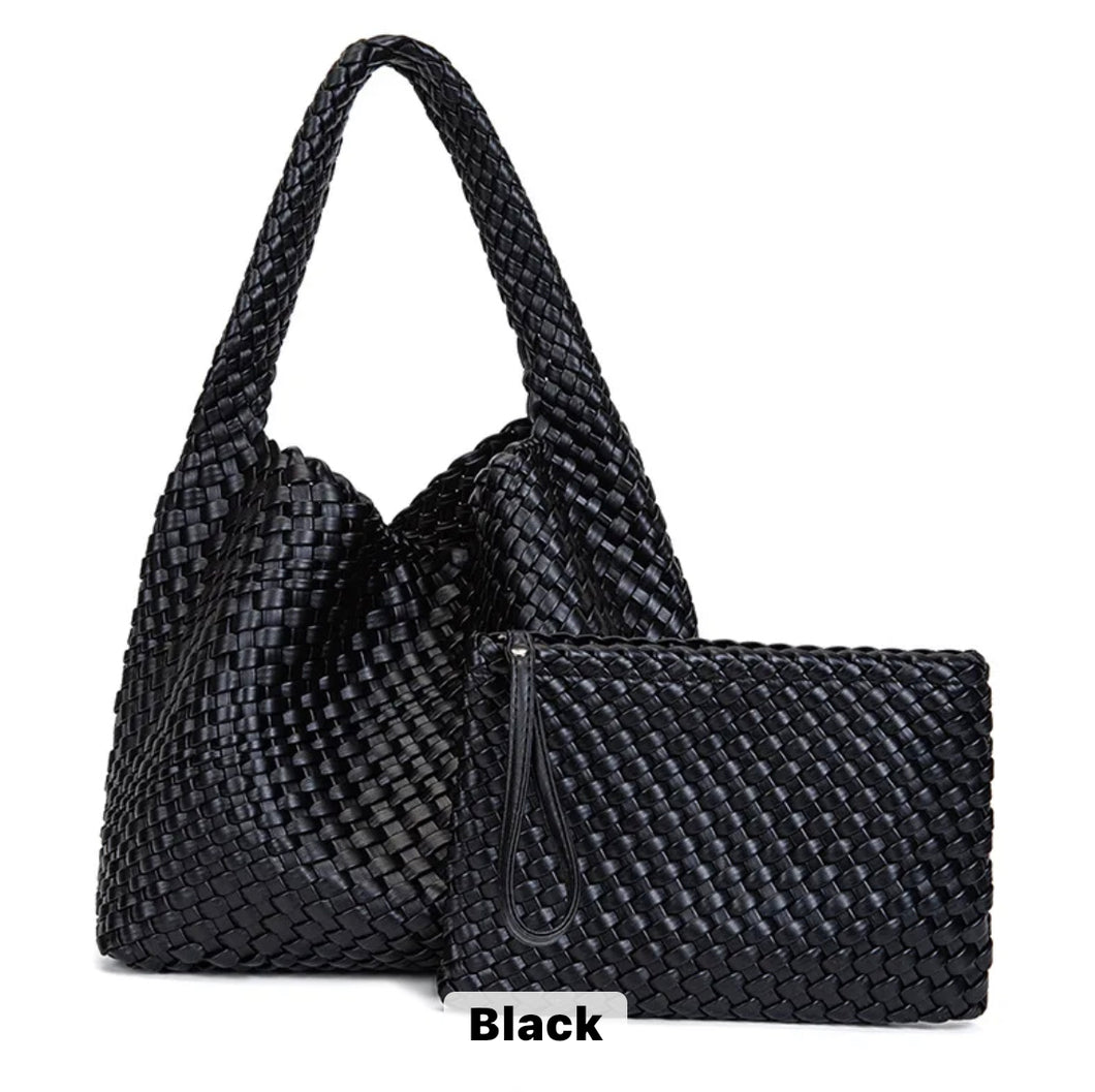 WOVEN NEOPRENE BUCKET BAG: BLACK