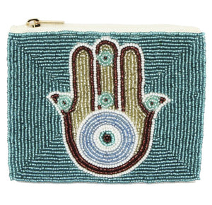 BEADED POUCH :  HAMSA GREEN & YELLOW