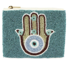 Load image into Gallery viewer, BEADED POUCH :  HAMSA GREEN &amp; YELLOW
