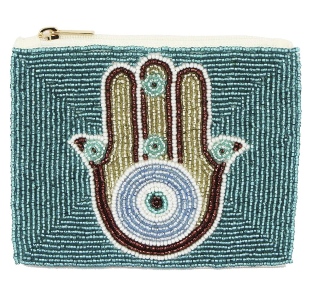 BEADED POUCH :  HAMSA GREEN & YELLOW