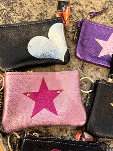 GENUINE LEATHER KEY CHAIN POUCH: STAR (ROSE W FUSCHIA)