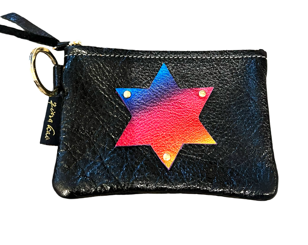 GENUINE LEATHER KEY CHAIN POUCH: JEWISH STAR (BLACK RAINBOW)