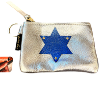 Load image into Gallery viewer, GENUINE LEATHER KEY CHAIN POUCH: JEWISH STAR (SILVER BLUE)
