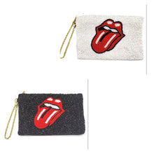Load image into Gallery viewer, BEADED POUCH: ROCK LIPS W CHAIN (WHITE/BLACK)
