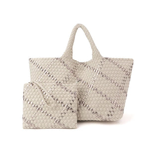 WOVEN NEOPRENE TOTE: WHITE SILVER