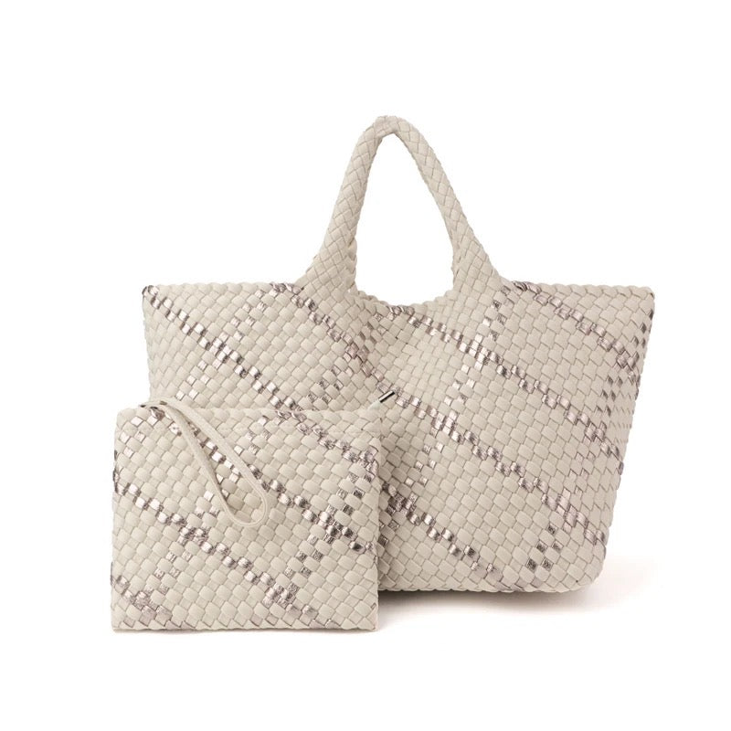 WOVEN NEOPRENE TOTE: WHITE SILVER