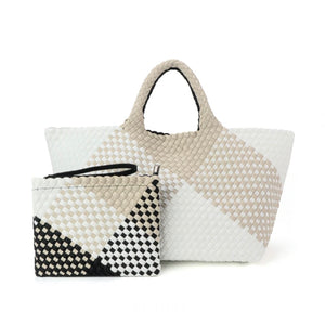 WOVEN NEOPRENE TOTE: WHITE TAN BLACK