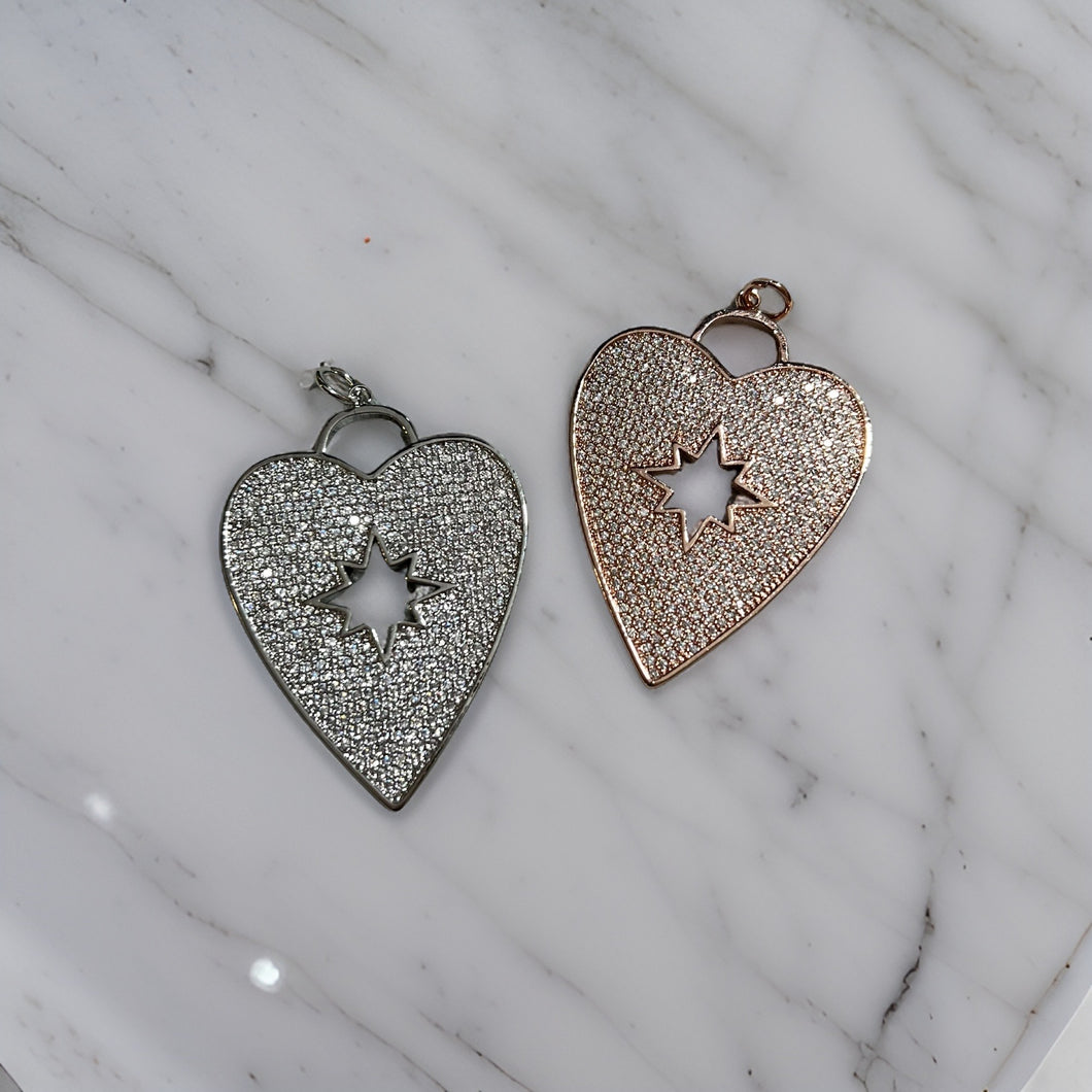 CHARM: RHINESTONE PAVE HEART with Starburst (SILVER/ROSE GOLD)