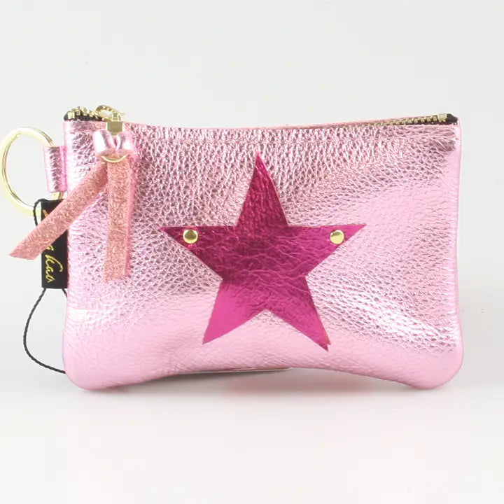 GENUINE LEATHER KEY CHAIN POUCH: STAR (ROSE W FUSCHIA)