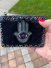 Load image into Gallery viewer, BEADED COIN PURSE: VELVET HAMSA (BLACK)
