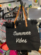 Load image into Gallery viewer, CANVAS FRINGE TOTE: SUMMER VIBES (BLACK)
