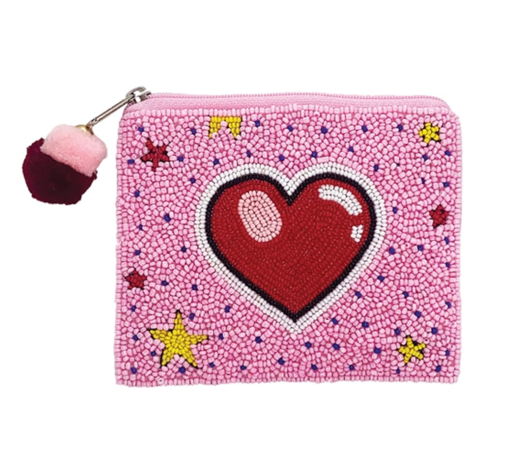 BEADED COIN PURSE: PINK RED HEART