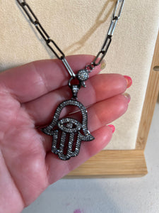 NECKLACE: PAPERCLIP CHAIN w PAVE HAMSA
