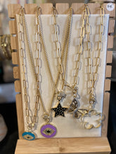 Load image into Gallery viewer, NECKLACE: PAPERCLIP CHAIN W ENAMEL STARS W STONES (BLACK OR WHITE)
