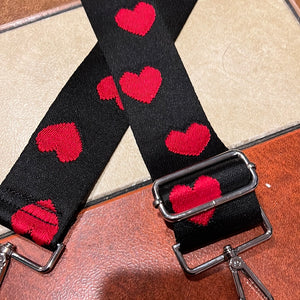 SALE BAG STRAP: HEARTS RED BLACK 2 INCHES(SILVER HARDWARE)