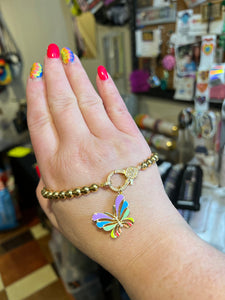 BRACELET: GOLD BEAD WITH ENAMEL BUTTERFLY CHARM