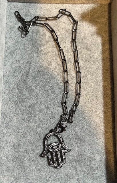 NECKLACE: PAPERCLIP CHAIN w PAVE HAMSA