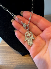 Load image into Gallery viewer, NECKLACE: PAPERCLIP CHAIN W PAVE HAMSA CHARM (SILVER)
