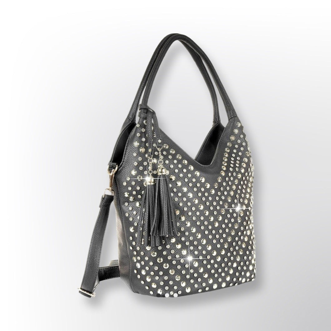 VEGAN BAG: RHINESTONE ACCENT CHEVRON PATTERN (BLACK)