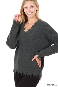 SALE SWEATER: CHARCOAL DISTRESSED WAFFLE V NECK