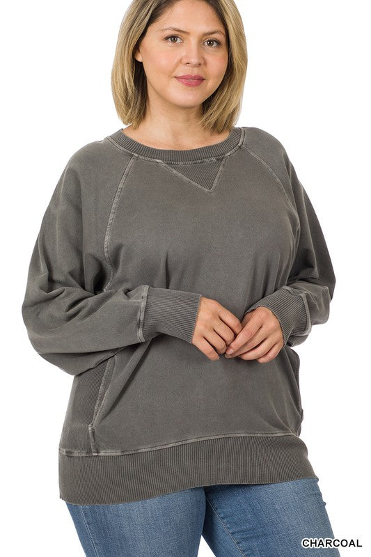 SALE PLUS SWEATSHIRT: CHARCOAL PIGMENT DYED FRENCH TERRY