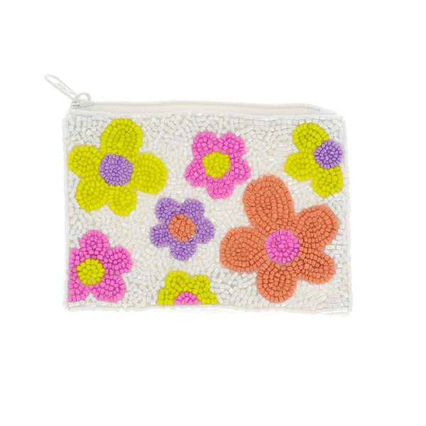 BEADED COIN PURSE: WHITE PASTEL FLOWERS