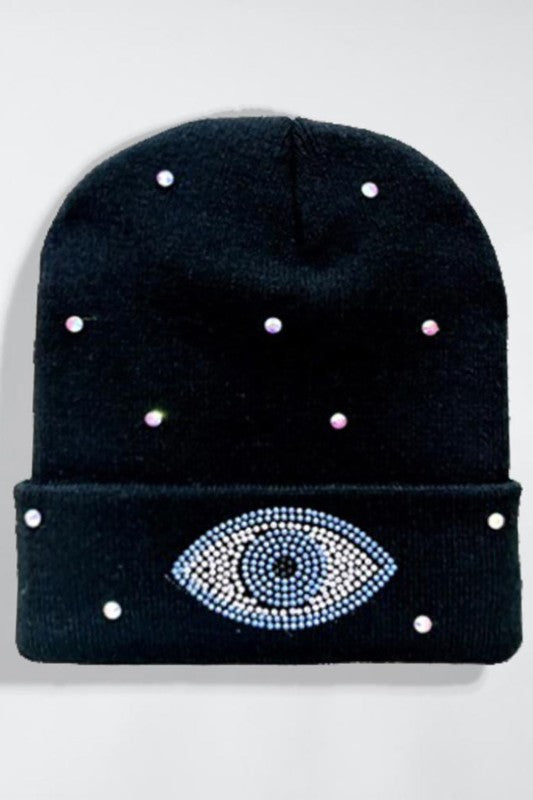 HAT: BLACK EVIL EYE STONES W PEARLS