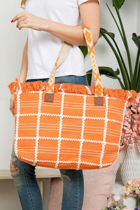 CHECK FRINGE TOTE STRAP BAG: ORANGE WHITE